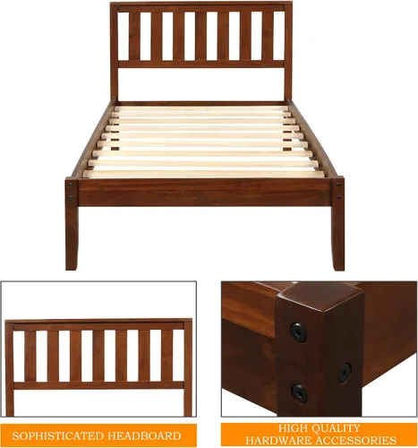 Miniatura 5 de MERITLINE Base de cama individual, plataforma de madera con cabecero y estribo, no necesita somier, nogal