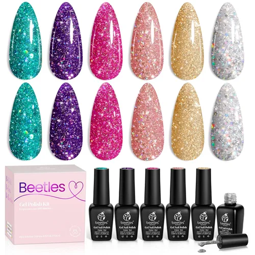 Miniatura 52 de Beetles Jelly Gel Polish Set - Esmalte de uñas de gel mágico, kit de 6 colores de Navidad, esmalte de uñas de gel rosa, rojo, negro, azul, verde