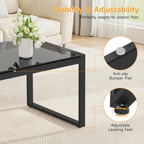 Miniatura 5 de ONBRILL Mesa de café rectangular con escritorio de vidrio templado, mesa de café para exteriores con marco galvanizado y pies ajustables para patio