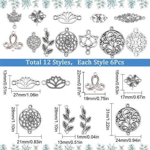 Miniatura 2 de SUNNYCLUE 1 Caja 72 Piezas 12 Estilos Conectores de Dijes de Flores Conectores de Enlace Redondos Planos Dijes de Estilo Tibetano de Otoño Hoja