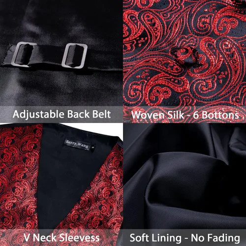 Miniatura 88 de Barry.Wang Conjunto de chaleco de pajarita para hombre, chaleco con cuello en V de seda jacquard de cachemira, gemelos de pañuelo formal/ocio, boda