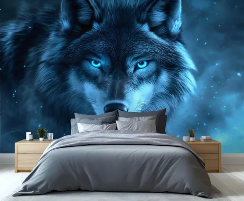 Miniatura 4 de Mural de lobo azul, papel tapiz de animales misteriosos, decoración del hogar de estética oscura, mural de pared de animales salvajes, murales