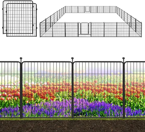 Miniatura 24 de Valla decorativa de metal negro para jardín con puerta, 82 pies de largo, 32 pulgadas de alto, 36 paneles de valla sin excavación, valla de barrera