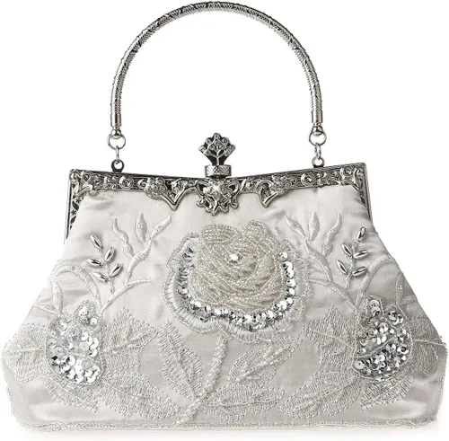 Miniatura 19 de Bolso de mano de estilo vintage con cuentas florales y strass para mujer, con bordado de lentejuelas, bandolera para novia, boda, fiesta