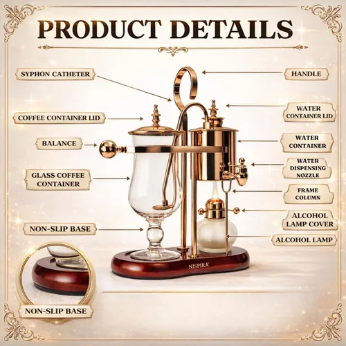 Miniatura 3 de Nispira Belgium Royal Family Balance Syphon - Cafetera vintage con gravedad única, sistema de preparación al vacío, cobre, 16.9 fl oz