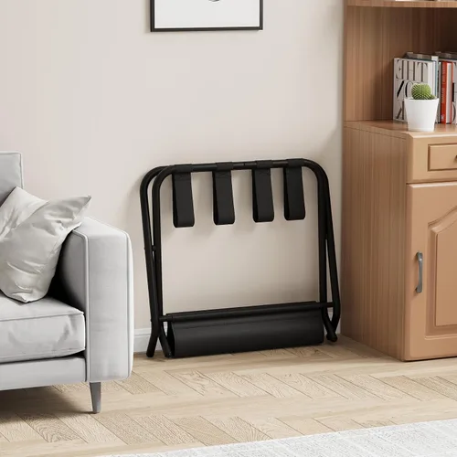 Miniatura 8 de Smuxee Portaequipajes Negro Paquete de 2, Soporte Plegable para Maletas con Estante de Almacenamiento de Tela, Portamaletas con 4 Correas de Nailon