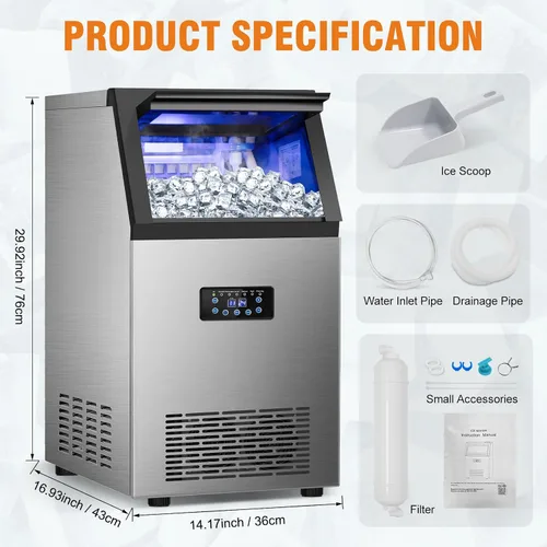 Miniatura 6 de Máquina de hielo comercial 120LBS/24H, máquina de hielo independiente de acero inoxidable, contenedor de almacenamiento de 30 libras, limpieza