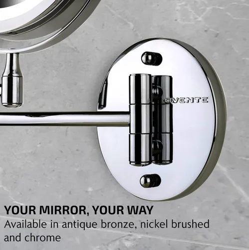 Miniatura 8 de Espejo de maquillaje iluminado OVENTE de 6.8" montado en pared, aumento 1X y 7X, LED doble cara ajustable y redonda, brazo extendible, retráctil