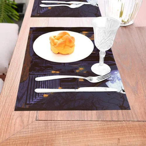 Miniatura 3 de 6 PCS PVC Placemats Set Place Mats Halloween Haunted Non-Slip Weave Place Mats 12" x 18" Farmhouse Table Mat Set for Family Dinners Wedding Parties