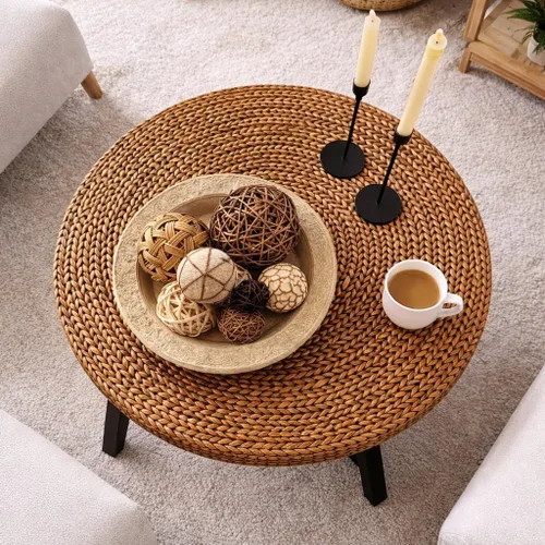 Miniatura 7 de RANDEFURN Mesa de centro redonda, mesa de cóctel de madera de pino maciza con marco en X y marco de X, fácil de montar, varios tamaños para sala