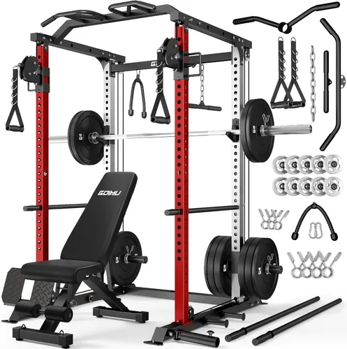 Miniatura 29 de DP01 - Jaula de potencia, estante para sentadillas de 2000 libras con cable cruzado y sistema de polea doble independiente, jaula completa para Rojo