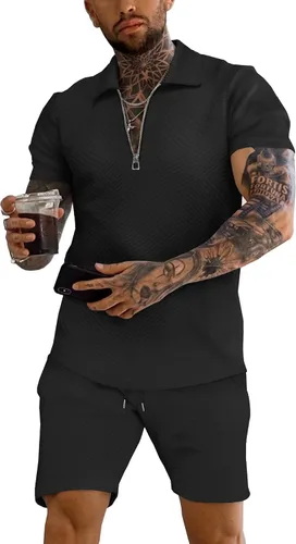 URRU Conjunto de camisa polo y pantalones cortos para hombre trajes de verano a la moda casual manga corta traje polo para hombre 2 piezas