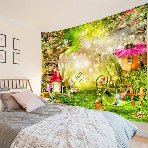 Miniatura 15 de HVEST Tapiz de bosque de cuento de hadas para colgar en la pared, estanque de lirios de agua, árboles mágicos, casas en el país de los sueños, tapiz