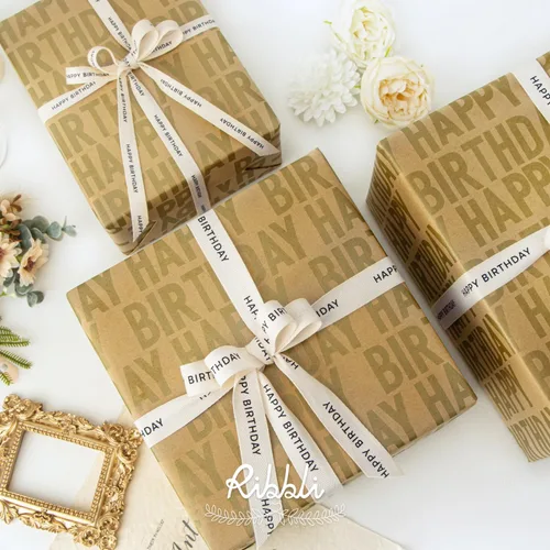 Miniatura 2 de Ribbli Cinta de algodón para cumpleaños, cinta de sarga natural de algodón con texto en inglés «Happy Birthday» color negro, cinta estilo granja