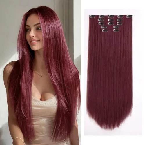 Miniatura 30 de Extensiones de cabello sintético con clip, color burdeos de 18 pulgadas de largo, invisibles, gruesas, extensiones de cabello lacio con clips, 5