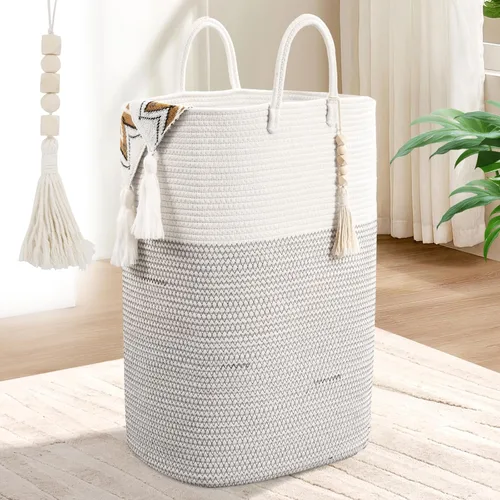 Miniatura 15 de Cesta Tejida de 65L para Ropa, Grandes Cestas de Lavandería Rectangulares con Cuentas y Borlas, Cesta de Almacenamiento para Guardería para Marrón