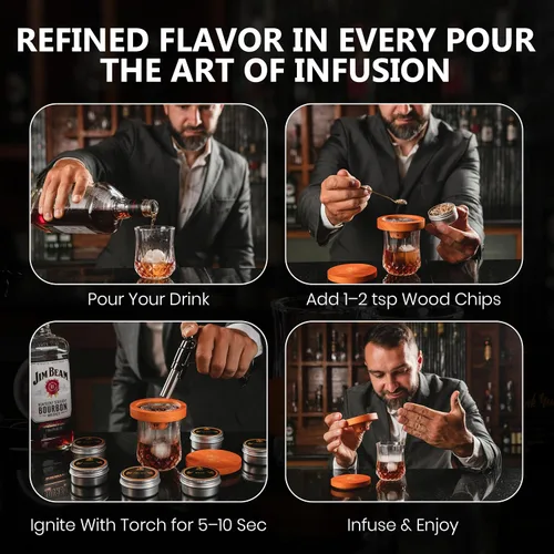 Miniatura 9 de Silva Imbue - Kit de ahumador de whisky con antorcha, kit de ahumador antiguo para cócteles, bourbon y whisky, 6 chips de madera, tapa de roble