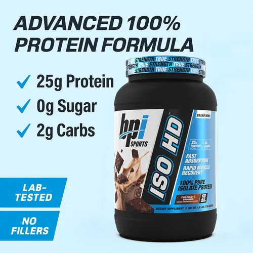 Miniatura 3 de BPI Sports ISO HD Proteína Aislada en Polvo – 100% Aislado de Suero, Polvo de Proteína para Ganancia Muscular - Chocolate Brownie - 1.6 Libras - 23