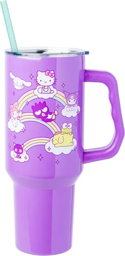 Miniatura 35 de Silver Buffalo - Vaso de acero inoxidable Sanrio Hello Kitty con flores de primavera y verano y rayas arcoíris, con asa y popote, compatible
