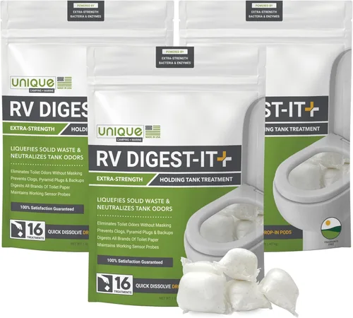 Miniatura 10 de Unique RV Digest-It+ Cápsula de Tratamiento para Inodoro de Autocaravana Extra Fuerte - Licúa los Desechos y Todas las Marcas de Papel Higiénico