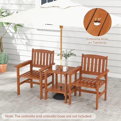 Miniatura 5 de Tangkula Juego de 3 piezas de conversación de patio, asiento de conversación de madera al aire libre con mesa y agujero para paraguas, juego de 3