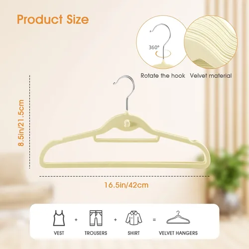 Miniatura 3 de Perchas de terciopelo para ropa, delgadas, apilables, antideslizantes, color beige, para ahorrar espacio, perchas resistentes para adultos