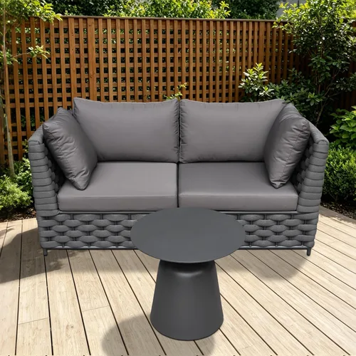 TWT 3-Piece Woven Rope Patio Furniture Set, 2 Outdoor Armchairs with Soft Cushions + Round Aluminum Coffee Table, All-Weather Conversation Set for