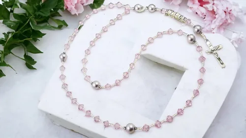 Miniatura 7 de Bow Flip Flops Pink Name Rosary with Crystals and Pearls, Girl Boy Baptism