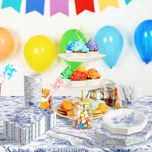 Miniatura 6 de Dandat 402 piezas de juego de vajilla desechable con flores azules para servir a 50 personas, decoración para baby shower, decoración para despedida