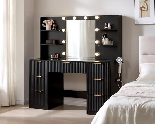 AMERLIFE Escritorio estriado de 47.2 pulgadas con espejo y luces LED ajustables, mesa grande de tocador de maquillaje con 7 cajones con parte Negro