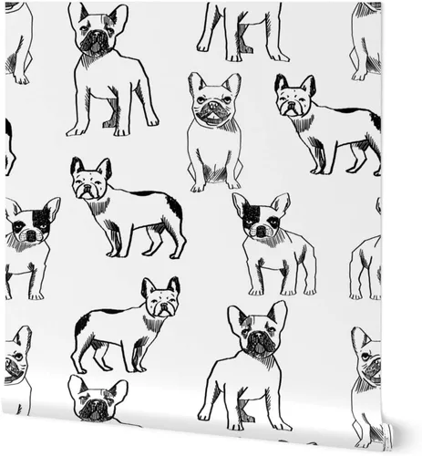 Papel tapiz de grado comercial Swatch – Bulldog francés Negro Blanco Perros Frenchie Monocromo Lindo Cachorro Tradicional Papel pintado por