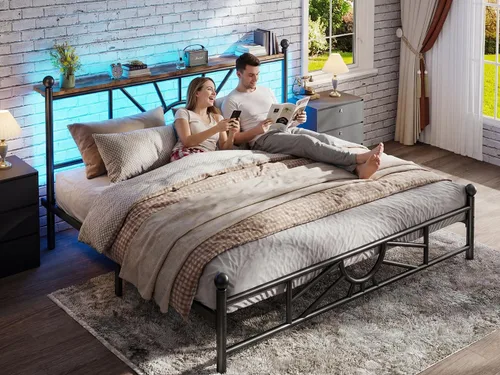 Miniatura 7 de Homkdom Marco de cama de plataforma de metal tamaño Queen de 14 pulgadas con cabecero, marco de cama victoriano Queen con almacenamiento debajo