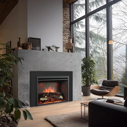 PuraFlame - Inserto eléctrico de chimenea occidental de 33 pulgadas con kit de molduras, sonido crepitante de fuego, tronco de resina, control