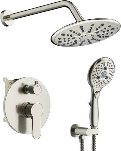 SunCleanse Sistema de regadera, juego completo de grifo de ducha de lluvia para baño con cabezal de regadera de mano de 7 ajustes, incluye válvula y