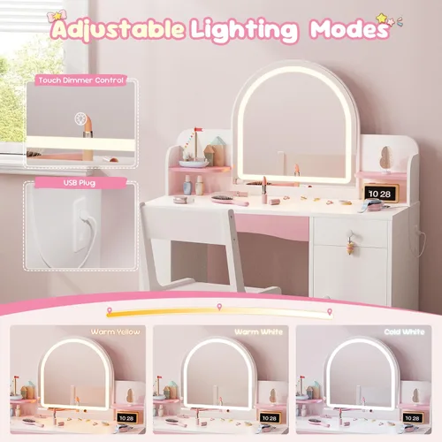 Miniatura 9 de Teckid Juego de tocador para niños con silla y luces, escritorio de maquillaje de princesa 2 en 1, mesa de tocador para niños pequeños con espejo
