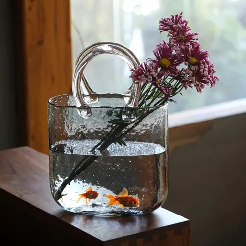 Miniatura 2 de Florero para flores, florero de cristal único, cuenco de pescado con burbujas y asas, florero transparente para centros de mesa, decoración
