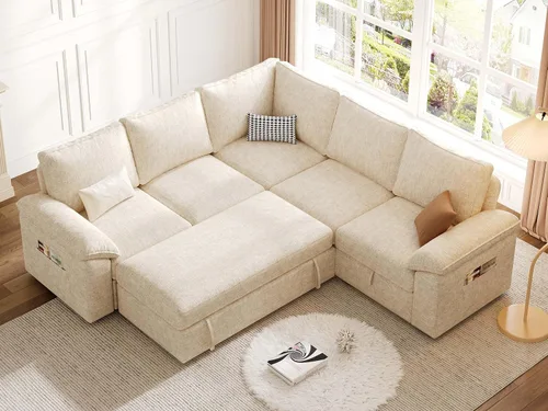 Miniatura 9 de Sofá Seccional Modular de 85 Pulgadas con Cama Extraíble, Sofá Cama Seccional en Forma de L de 5 Asientos con Almacenamiento, Sofás Seccionales