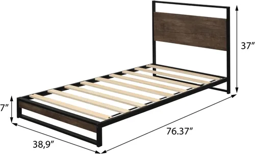 Miniatura 2 de Anwick Base de cama de tamaño individual con cabecera de madera/plataforma de metal alto/cama de plataforma individual para niños, con espacio