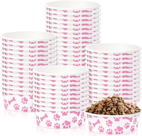 Miniatura 9 de Whaline 50 cuencos desechables para mascotas de 16 onzas, papel kraft para perros y gatos, pequeños cuencos de comida con diseño de huella de pata