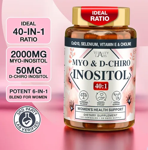 Miniatura 5 de Suplemento de mio-inositol y D-chiro inositol para mujeres – Complejo de proporción 40:1 ideal para fertilidad, equilibrio hormonal, ciclo menstrual