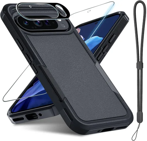 Miniatura 8 de Janmitta Funda para Google Pixel 9 Pro XL con protector de pantalla + protector de lente de cámara + correa de muñeca, resistente a prueba de NEGRO