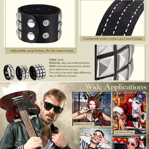 Miniatura 4 de eYLun Pulsera de cuero para hombres y mujeres, pulseras punk, pulsera ajustable de roca, 2 piezas