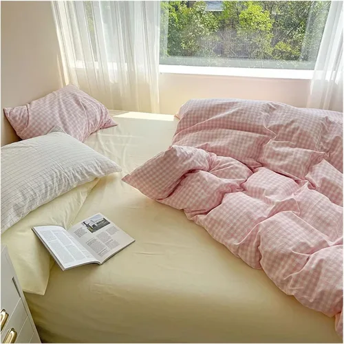 Miniatura 2 de Juego de ropa de cama de algodón rosa, tamaño Queen, matrimonial, tamaño matrimonial, sábanas ajustables, juego de funda de edredón para el hogar