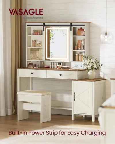 Miniatura 2 de VASAGLE Colección LIRY - Escritorio de tocador con espejo y luces, tocador de maquillaje de estilo granja con taburete, estación de carga, 2