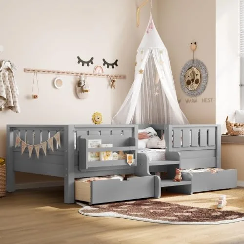 Miniatura 12 de Bellemave Cama Montessori de tamaño Queen con 2 cajones y estantería, camas de suelo para niños con barandillas de seguridad y escaleras, marco