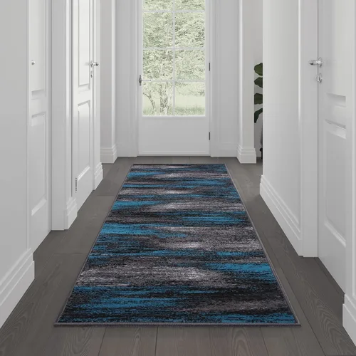 Flash Furniture Rylan Collection - Alfombra contemporánea de olefinas azules, de pelo alto, 2 x 10 pies, respaldo de yute, pasillo, entrada,