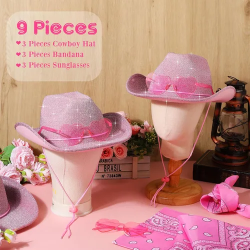 Miniatura 2 de Geyoga 9 piezas de sombrero de vaquero para adulto con bandana de vaquero y gafas para disfraz del oeste, accesorio para hombres y mujeres