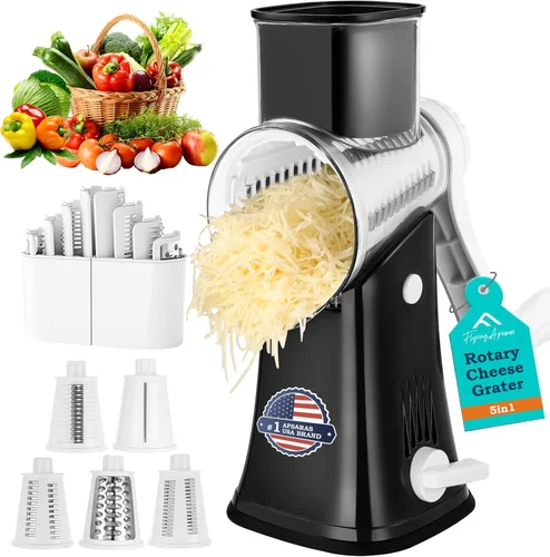 APSARAS USA - Rallador de queso con manivela de mano, rallador giratorio 5 en 1, triturador de queso, cuchillas de acero inoxidable reemplazables