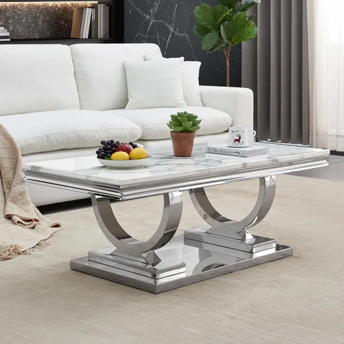 Miniatura 51 de SSLine Mesa de Centro Rectangular de Mármol Sintético para Sala de Estar, Mesa Central Moderna de Mármol Blanco de Lujo con Base Doble en Forma de U
