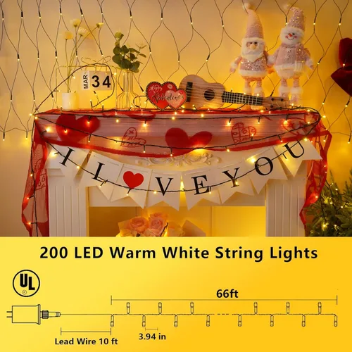 Miniatura 2 de YEGUO 200 luces LED de 66 pies para Navidad, exteriores, impermeables, cadena de luces blancas cálidas para interiores, 8 modos, cable verde, luz